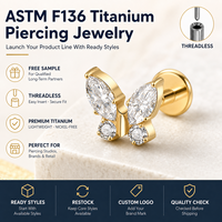 Kaishee 16G ASTM F136 Titane Piercing sans filetage Tragus Hélix Push Pin Zircon Cubique Lèvre Stud Base de bijoux de piercing corporel
