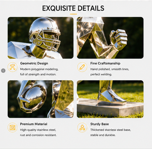 Sculpture abstraite géométrique de joueur de football américain en acier inoxydable poli miroir BSA 304, Art sportif en métal pour parc public - Product Image 3