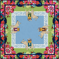 Tapis de jeu de mahjong carré antidérapant à rayures et bordure couronnée, motif crocodile violet et vert, fleur de lys, pour les amateurs de mahjong