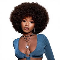 Perruques afro transparentes 13x4 avec dentelle frontale pour femmes noires, châtain foncé, effet naturel, cheveux humains, avec frange