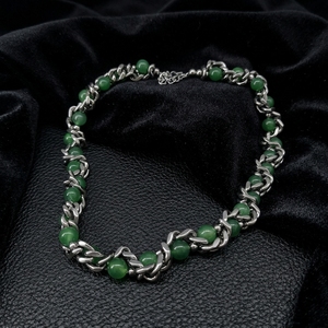 Collar de cadena cubana con cuentas de imitación de perla y ágata de acero inoxidable para hombre, accesorio de alta gama. - Product Image 1