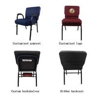 Chaises d'église pas chères en gros, chaises métalliques emboîtables pour usage en église, chaises de théâtre empilables avec porte-livre et logo