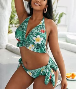 Plus Size <strong>Fat</strong> <strong>Girl</strong> Two Piece Green <strong>Micro</strong> String Straps Floral Print Halter Neck Backless Triangle Top <strong>Bikini</strong> Swimwear for Women - Product Image 2