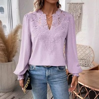 T-shirt personnalisé de couleur unie pour femmes Rétro français côtelé col en V dentelle manches lanterne hauts à manches longues tricoté T-Shirt décontracté