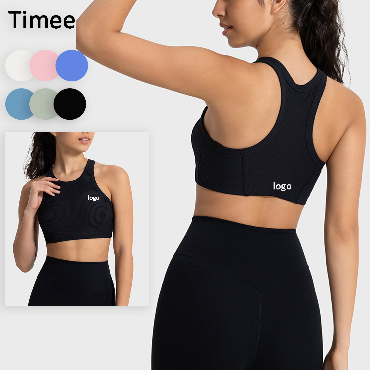 Vertical Rib High Neck Stretch Skin-friendly I-tank Top Ribbed Seamless Bra With Chest Pad High Strength Shock-proof Yoga Wear