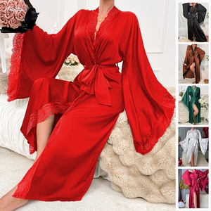 Kimono in <span class=keywords><strong>Raso</strong></span> con Bordo in Pizzo, <span class=keywords><strong>Vestaglia</strong></span> Lunga Avvolgente, Lussuoso Abbigliamento da Notte per Donne - Product Image 2
