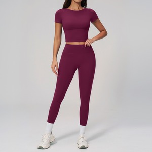 Tereyağı Kremi Rengi Fırçalanmış Hızlı Kuruyan Tişört Popo Kaldırıcı Fitness Giysisi Nem Emici Cilt Dostu Antrenman Pantolon Takımı - Product Image 5