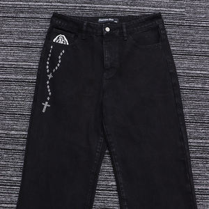 <span class=keywords><strong>Jean</strong></span> noir à jambe droite avec strass Jésus et croix sur la poche droite - Product Image 2