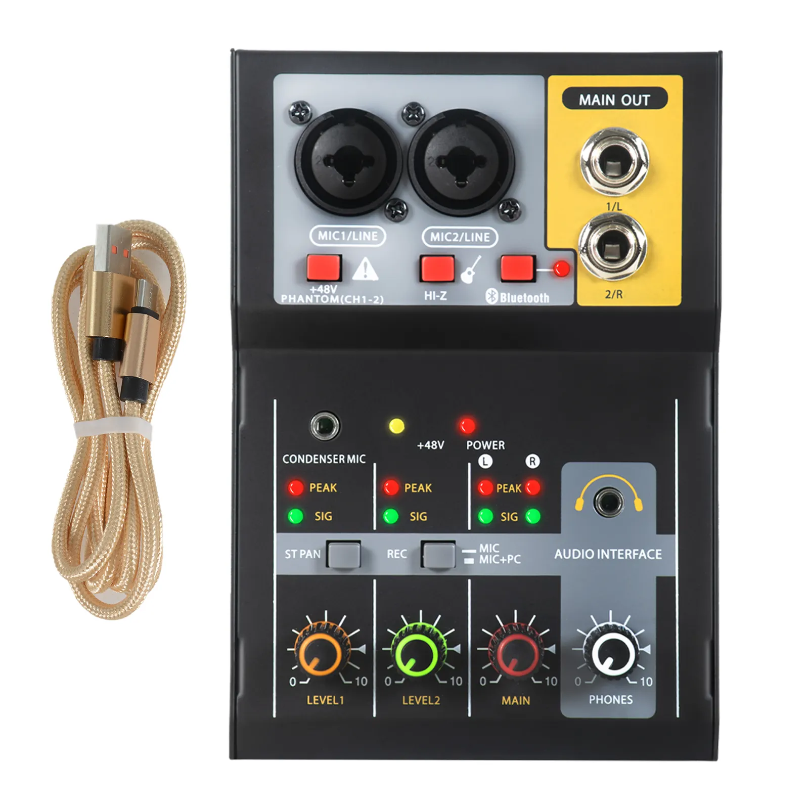 AU4 venda quente 2 canais 48V dentes azuis mini interface de áudio profissional pequeno mixer uso estúdio de gravação