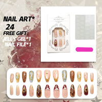 Lot de 24 faux ongles autocollants faits main, style vintage œil-de-chat, dorés, pour l'automne et l'hiver, avec motifs soleil, lune et étoiles