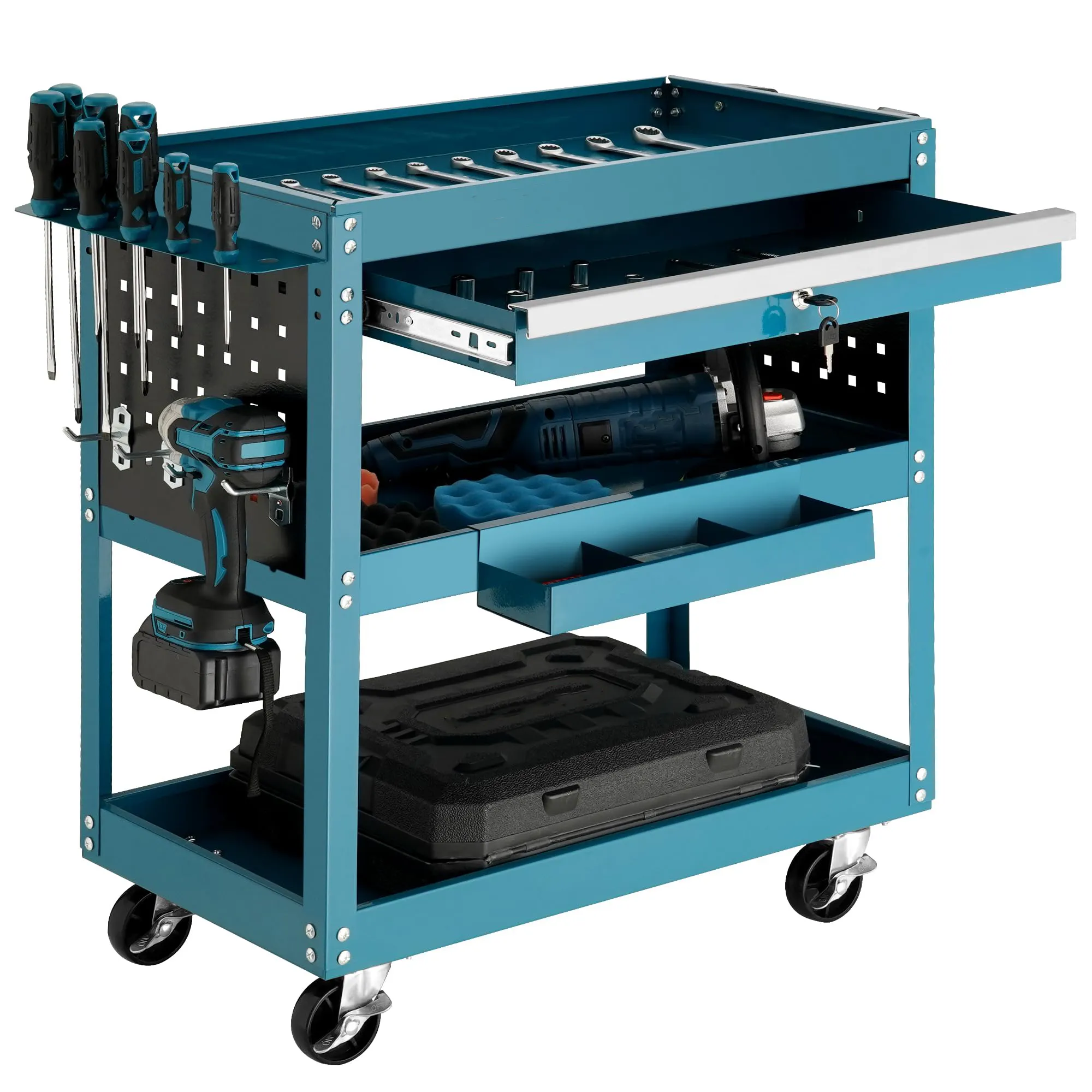 JH-Mech Roll werkzeug wagen ODM Robustes 360-Grad-Drehrad Design Blauer Werkzeug wagen aus Kohlenstoffs tahl mit Schublade