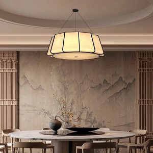 Lampe suspendue de style chinois, ronde, E27 LED, en tissu noir, éclairage Zen pour salle de thé, pour salle de bain - Product Image 1