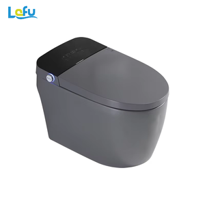 Toilette intelligente grise mate monobloc en céramique pour salle de bain, toilette intelligente, chasse automatique, siège avec télécommande, cuvette allongée et piège en S - Product Image 1