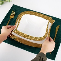 Nouvelle arrivée mode vaisselle luxe or diamant galvanoplastie jante assiette en céramique blanche et bols ensemble vaisselle irrégulière plat