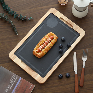 Japanese Style Stone Steak <b>Plate</b> Rectangle <b>Black</b> Slate Solid Wood Tray Durable Home Use Party Serving Board - Product Image 4