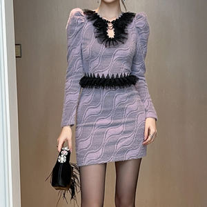 ZYHT 91377 moda elegante Mini abiti invernali a sbuffo a maniche lunghe a vita <span class=keywords><strong>in</strong></span> <span class=keywords><strong>maglia</strong></span> <span class=keywords><strong>viola</strong></span> pelliccia nera <span class=keywords><strong>abito</strong></span> di pizzo - Product Image 3