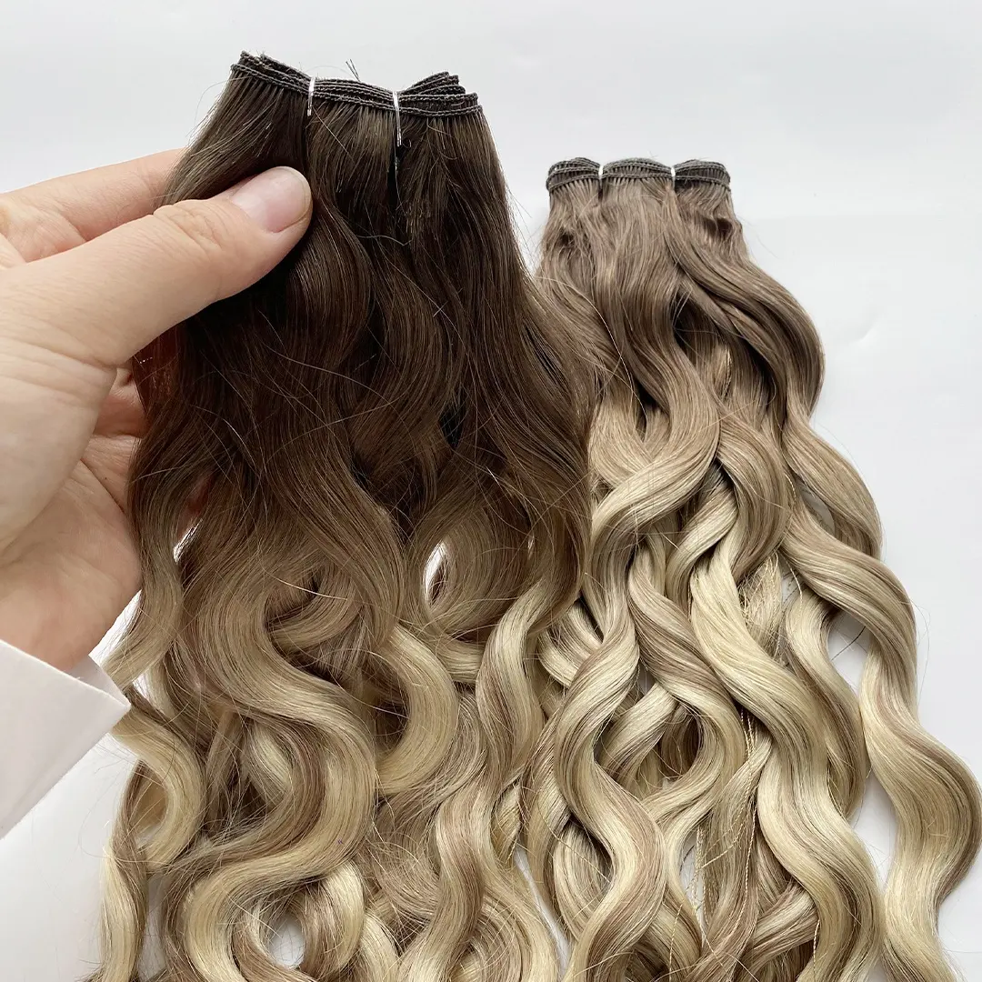 2023 nueva llegada Balayage Color extremos gruesos crudo ruso rizado onda Natural Invisible Genius trama extensiones de cabello humano