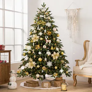 wholesale 150-210cm green crismas flocked christmas tree with gold white ornaments and led light