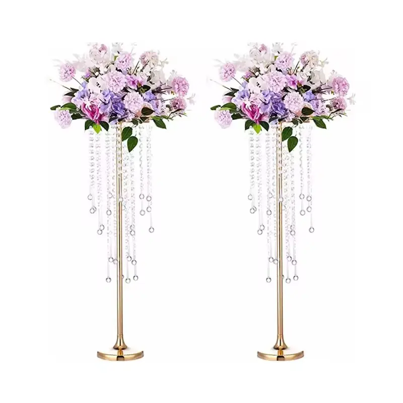 Grands vases de mariage en métal doré centres de table pour table, bougeoir à fleurs en métal avec perles de cristal scintillantes