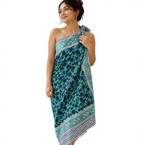 Robe paréo florale bleu turquoise en coton imprimé à la main, cache-maillot de plage, tenue de villégiature pour femme - Product Image 2