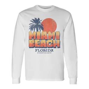 Camiseta de manga larga con estampado de palmeras y puesta de sol retro de Miami Beach, Florida - Product Image 1