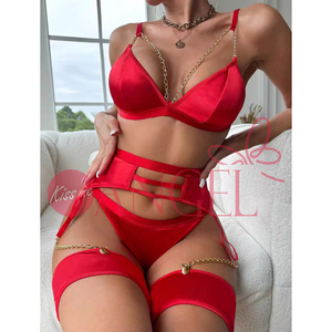 KISS ME ANGEL fashion hottie red sexy bra set deep v-neck metal chain <span class=keywords><strong>arter</strong></span> belt nighty sexy lingerie per donne mature - Product Image 2