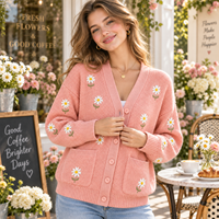 Cardigan personnalisé pour femme, broderie florale, col en V, boutonné, manches longues, cardigan en tricot pour femme avec poches, OEM ODM