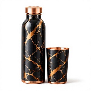 Botella de Agua Moderna de Lujo en Cobre Negro y Mármol con Taza a Juego, de Acero Inoxidable, Portátil - Product Image 1