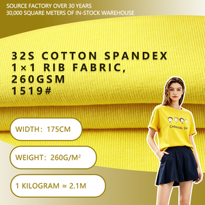 Tela de punto acanalado 1x1 de algodón y spandex 32S, 260 g/m², 175 cm de ancho, elástica en dos direcciones, material para prendas de vestir, camisetas y camisetas básicas. - Product Image 1