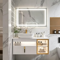 Meuble-lavabo flottant blanc étanche IPX4 à tiroir unique, nouveau modèle, avec porte en verre, éclairage LED et plateau en marbre, idéal pour hôtel