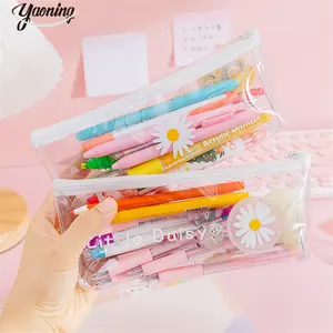 Korea Best selling school supplies stationery set Children's Pretty Daisy printed transparent pvc zipper gel pen pencil case bag