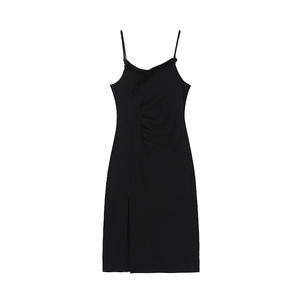 Vestido ajustado Runqi N8510 negro con cuello en V, tirantes finos y abertura para mujer, ropa de noche, tela satinada, color sólido. - Product Image 3