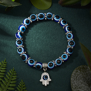 Bracelet Élastique Fait Main pour Femme, Perles Œil Bleu <span class=keywords><strong>Turc</strong></span>, Pendentif Œil Bleu Tendance - Product Image 4