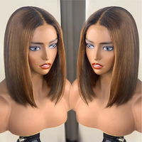 Perruque Lace Front courte coupe bob en cheveux Remy vietnamiens, marron doré clair, double tirage, sans colle