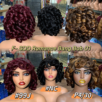 Perruque à franges en cheveux humains, fabriquée à la machine, sans dentelle, boucles romantiques, prix de gros d'usine # Perruque à frange bouclée de couleur noire naturelle 99J P4/30