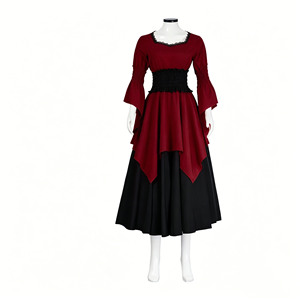 Costume d'Halloween gothique pour femme, robe bordeaux à taille smockée, manches cloche, encolure en dentelle, ourlet mousseline, taille adulte - Product Image 1