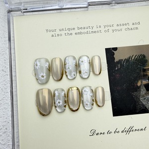 Nuevo Producto Lanzado, <span class=keywords><strong>Uñas</strong></span> Postizas Hechas a Mano Estilo Ojo de Gato Transparente con Mini <span class=keywords><strong>Margaritas</strong></span> Plateadas y Suavemente Doradas, Estilo Francés, para Primavera y Verano - Product Image 1