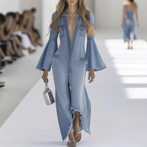 Combinaison en jean décontractée à col simple et couleur unie pour femme, nouvelle collection automne-hiver - Product Image 4