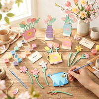 Kit Vas Bunga Kayu DIY Pola Kelinci Lucu dengan Potongan Kupu-kupu, Kuas, Stiker Mutiara dan Berlian Imitasi untuk Anak-anak