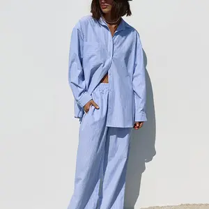 Office Cotton Striped Two Piece Sets Elegant Lapel Shirts Elastic Waist Long Pants Suits Street Chic Two Piece Women 2023