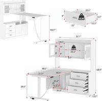 Bureau d'ordinateur en forme de L avec tiroirs, étagères et portes en verre, bureau poste de travail, blanc