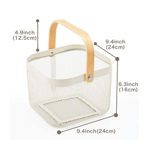 Panier de rangement en maille métallique, multifonctionnel avec poignée en bois, noir, blanc, maille d'acier, panier d'organisation pour la collecte des légumes et des fruits en maille - Product Image 3