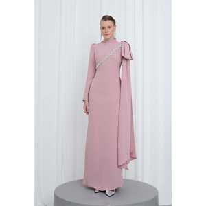 Elegante Vestido de Noche con Hombro Descubierto y Hiyab Desmontable, Silueta Ajustada, Color Polvo, Vestido Formal para Mujer - Product Image 5