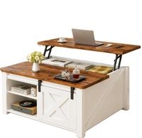 Mesa de Centro Moderna Estilo Fazenda com Tampo Elevável, Armazenamento Oculto, Gaveta Ranhurada, Prateleira Aberta, Superfície de Madeira, Puxador Dourado e Base de 5 Pernas para Sala de Estar