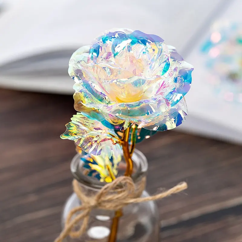 Sıcak satış gökkuşağı Galaxy gül 24k altın daldırma gül çiçek bahar anahtarı ile flaş LED sevgililer günü hediyesi anneler günü hediye