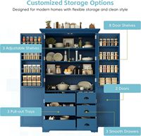 Armoire de rangement Merax 72 pouces bleue style Shaker, 8 étagères, étagères réglables, 3 tiroirs et plateaux extractibles pour cuisine et salle à manger.