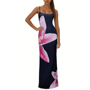 Vestido Largo sin Mangas con Tirantes Finos para Mujer, Estampado Floral Rojo, Ajustado, Formal, para Fiestas y Eventos - Product Image 1