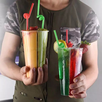 24oz/700ml Gobelet double jetable en plastique avec logo personnalisé Smoothie Boba Tea Gobelet jetable en plastique transparent fendu avec couvercle