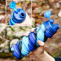 Bouteille d'eau pliable en silicone de qualité alimentaire, anti-fuite, avec couvercle à vis, portable, pliable, pour le sport, avec mousqueton
