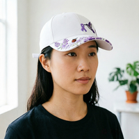 Gorra de Béisbol Bordada con Diseño Floral Vintage Personalizado, Diseño de Mariposa, Color Morado, Deportiva, Ajustable, Unisex, Venta al Por Mayor, MOQ Bajo